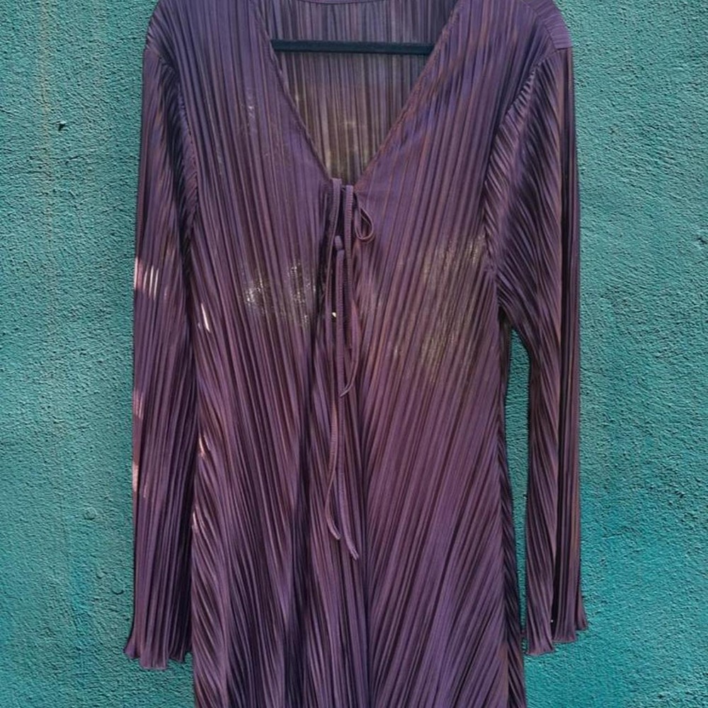 SHEIN Curve Brown Sheer Pleated Mini Dress with Tie Front